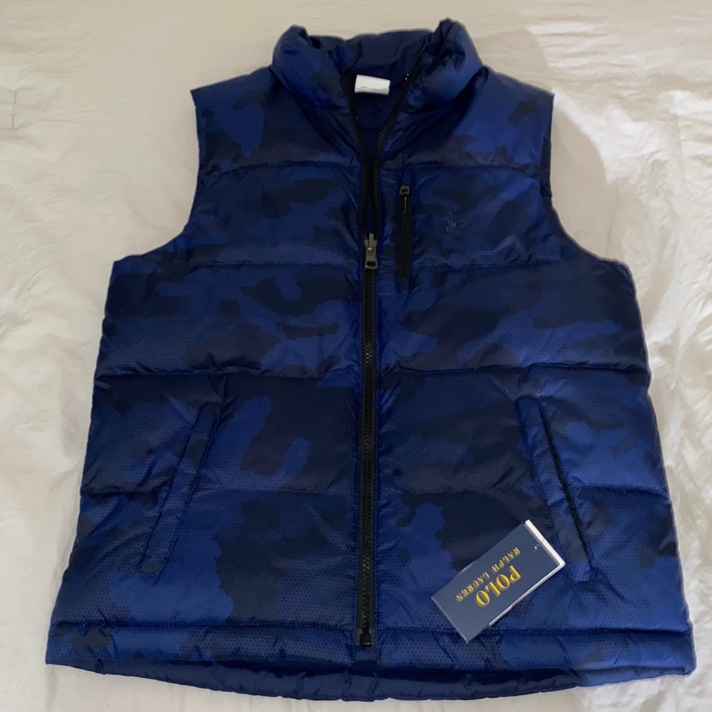 NWT Polo Boys Blue and Black Camoflauge Puffer Vest Size 10-12
